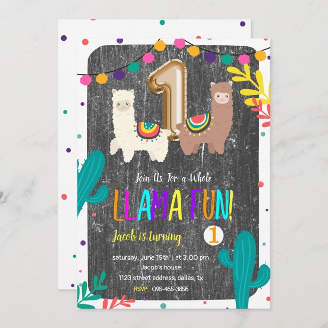 Cactus Llama Fun 1st Birthday Invitation (Front/Back)