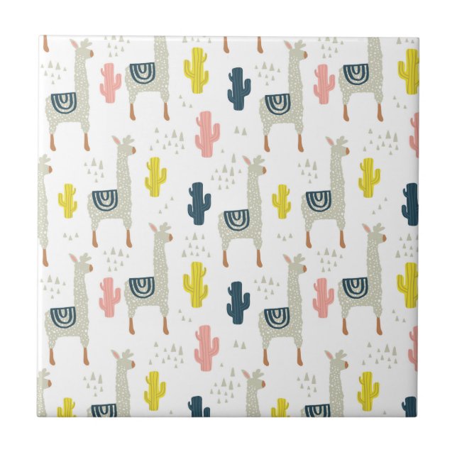Cactus & Llamas Pattern Ceramic Tile (Front)