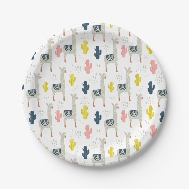 Cactus & Llamas Pattern Paper Plate (Front)