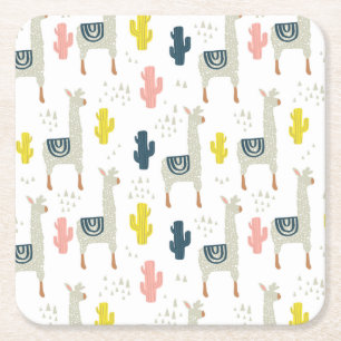 Cactus & Llamas Pattern Square Paper Coaster