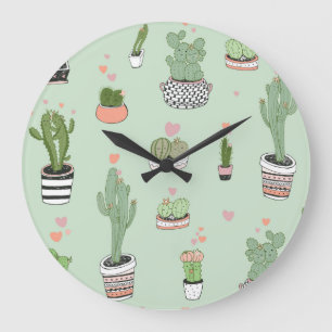 Cactus Love: Cute Cartoon Pattern. Large Clock