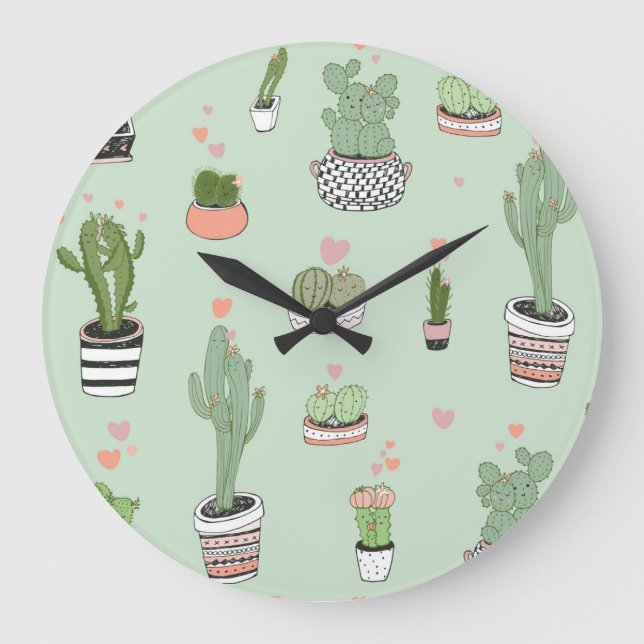 Cactus Love: Cute Cartoon Pattern. Large Clock (Front)