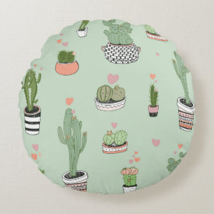 Cactus Love: Cute Cartoon Pattern. Round Cushion