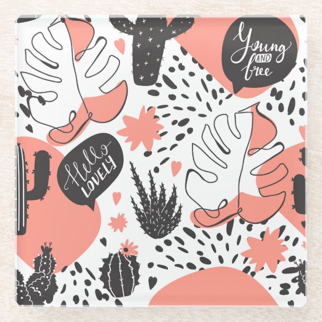 Cactus, monstera: modern seamless pattern. glass coaster (Front)