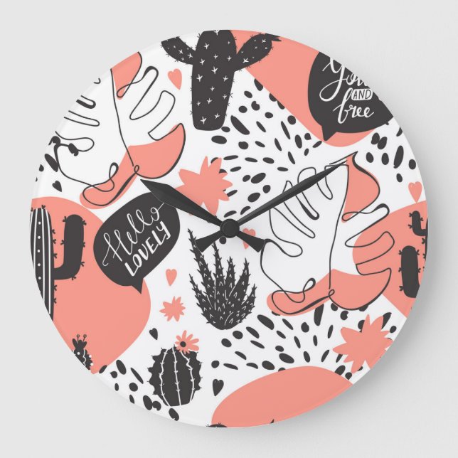 Cactus, monstera: modern seamless pattern. large clock (Front)