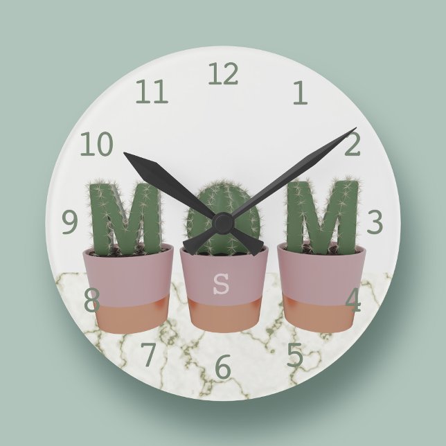 Cactus Mum Monogrammed Kitchen Wall Clock (Fun cactus wall clock with space for your initial)