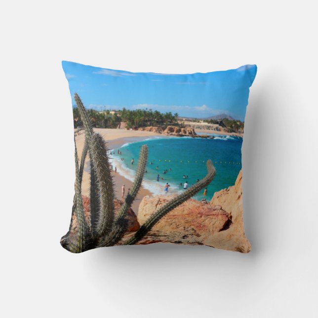 Cactus On Rocky Hilltop Over Sandy Beach Cushion (Front)