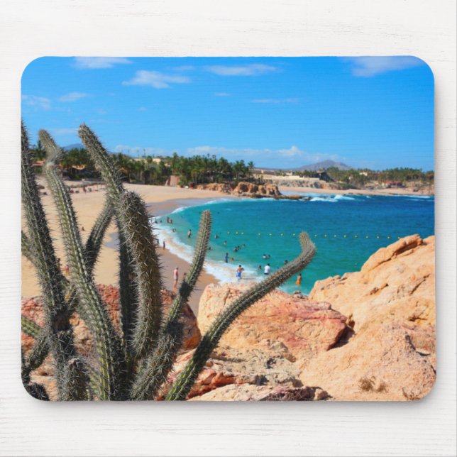 Cactus On Rocky Hilltop Over Sandy Beach Mouse Pad (Front)