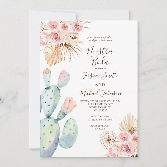 Cactus Pampas Muted Tones Nuestra Boda Invitation (Front)