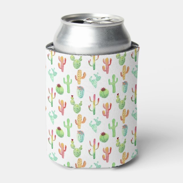 Cactus Pastel Watercolor Pattern Can Cooler (Can Front)