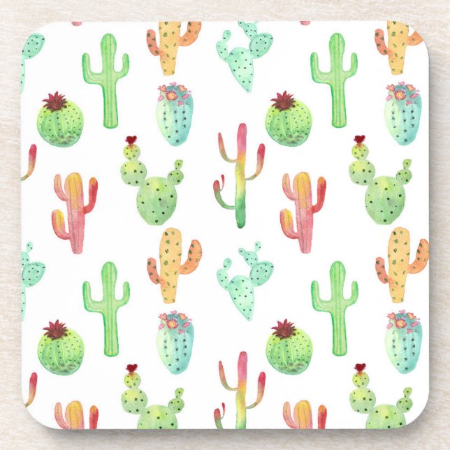 Cactus Pastel Watercolor Pattern Coaster (Front)