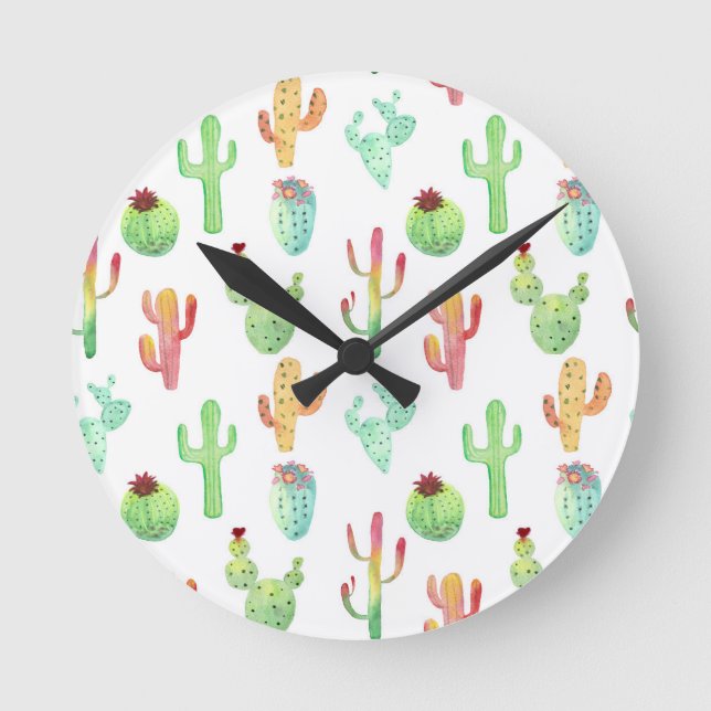 Cactus Pastel Watercolor Pattern Round Clock (Front)
