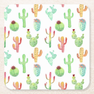 Cactus Pastel Watercolor Pattern Square Paper Coaster