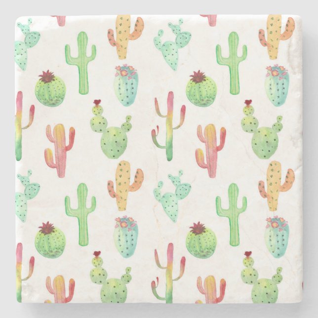 Cactus Pastel Watercolor Pattern Stone Coaster (Front)