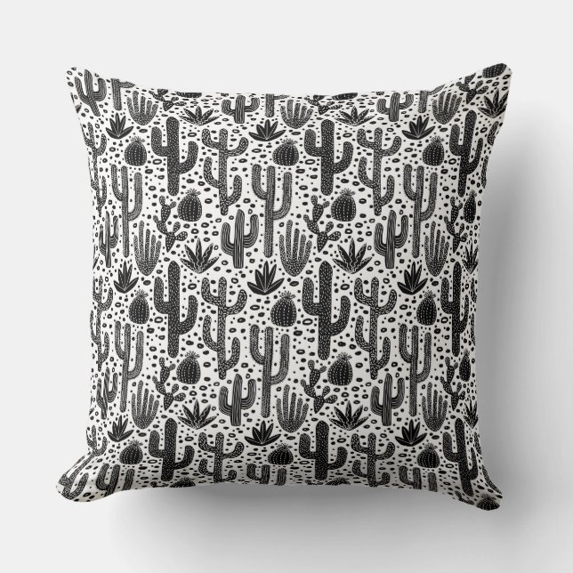 Cactus Pattern - Black and White Cushion (Front)