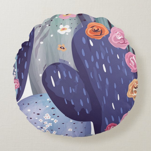 Cactus Pattern Colourful Watercolor Round Cushion (Front)