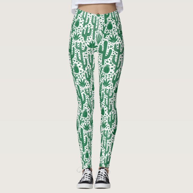 Cactus Pattern - Forest Green and White Leggings (Front)