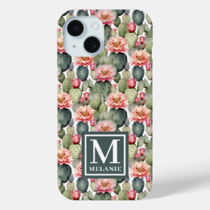 Cactus Pattern Pink Flowers Monogram iPhone 15 Case