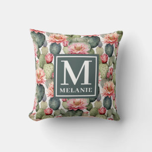 Cactus Pattern Pink Flowers Monogram Cushion