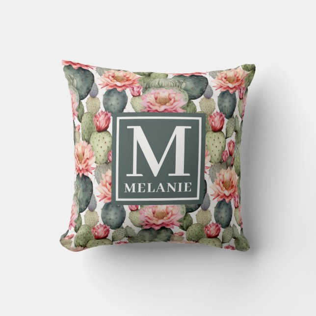 Cactus Pattern Pink Flowers Monogram Cushion (Front)