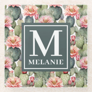 Cactus Pattern Pink Flowers Monogram Glass Coaster