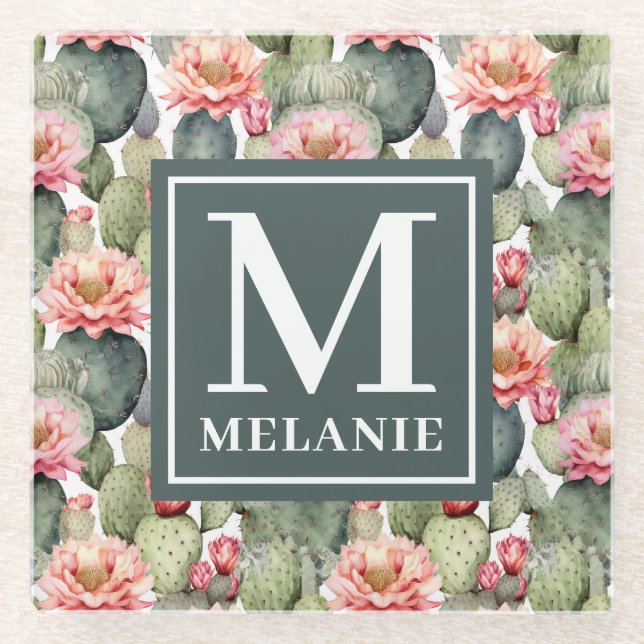 Cactus Pattern Pink Flowers Monogram Glass Coaster (Front)
