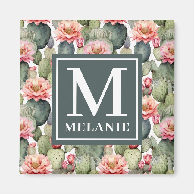 Cactus Pattern Pink Flowers Monogram Magnet (Front)