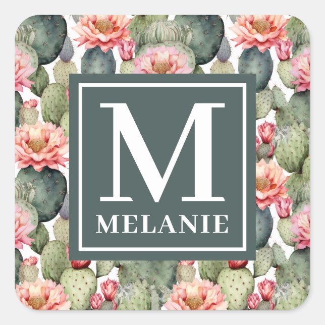 Cactus Pattern Pink Flowers Monogram Square Sticker (Front)