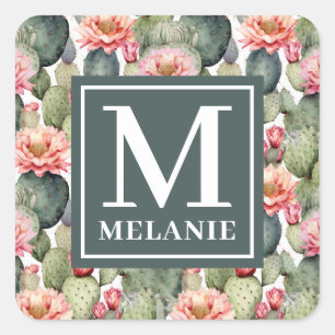 Cactus Pattern Pink Flowers Monogram Square Sticker