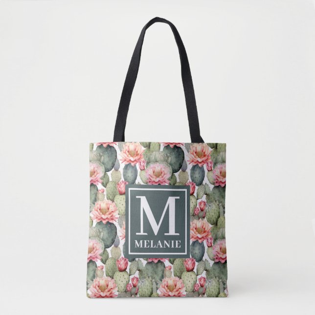 Cactus Pattern Pink Flowers Monogram Tote Bag (Front)
