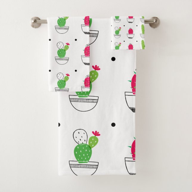 Cactus pattern pink green design bath towel set (Insitu)