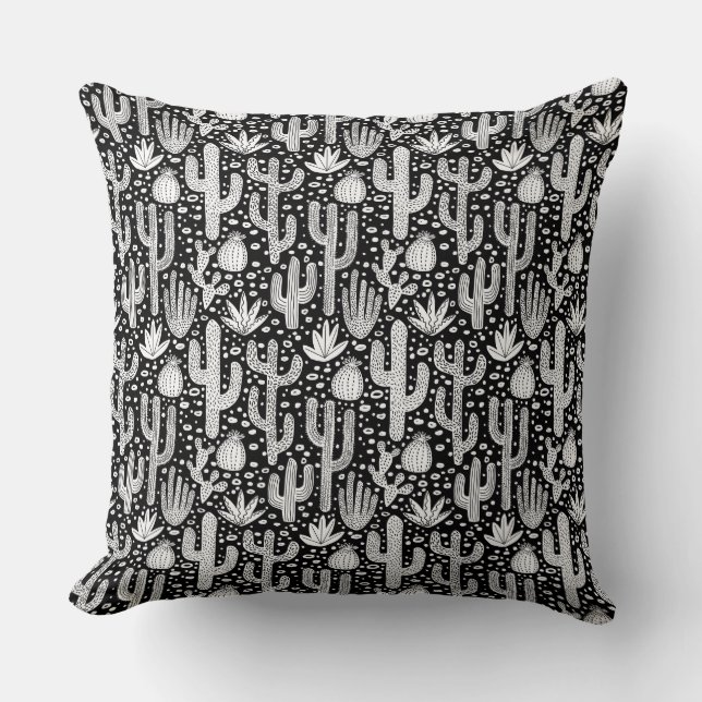 Cactus Pattern - White on Black Cushion (Front)