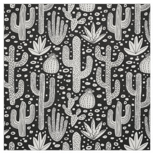 Cactus Pattern - White on Black Fabric