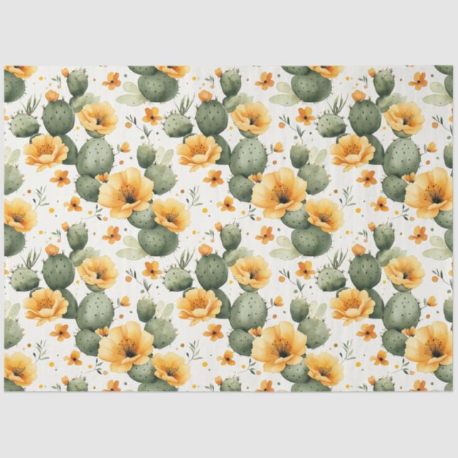 Cactus Pattern with Yellow Flowers Decoupage Tissue Paper (Front)