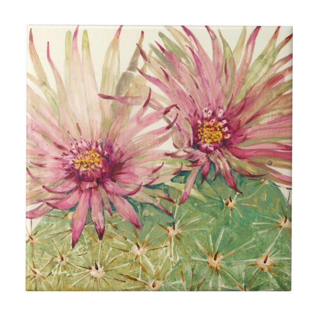 Cactus Pink Blossoms Ceramic Tile (Front)