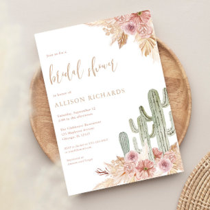 Cactus pink floral boho bohemian bridal shower invitation