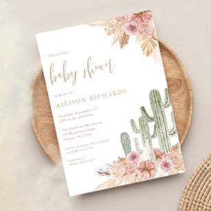 Cactus pink floral boho bohemian girl baby shower invitation