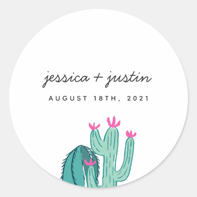Cactus Pink Floral Wedding Favour Classic Round Sticker (Front)