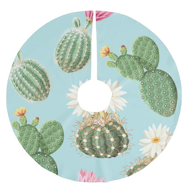 Cactus, pink flowers: light decor brushed polyester tree skirt (Front)
