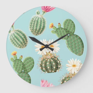 Cactus, pink flowers: light decor large clock