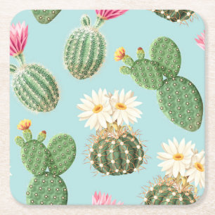 Cactus, pink flowers: light decor square paper coaster