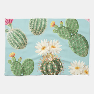 Cactus, pink flowers: light decor tea towel