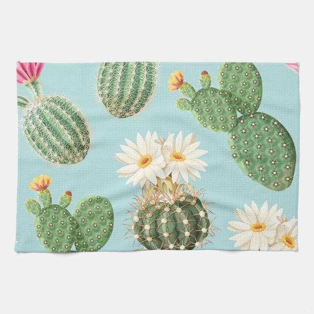 Cactus, pink flowers: light decor tea towel (Horizontal)
