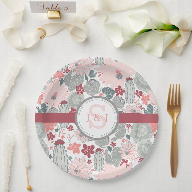 Cactus Pink Mint Succulents Cacti Plants Paper Plate (Wedding)
