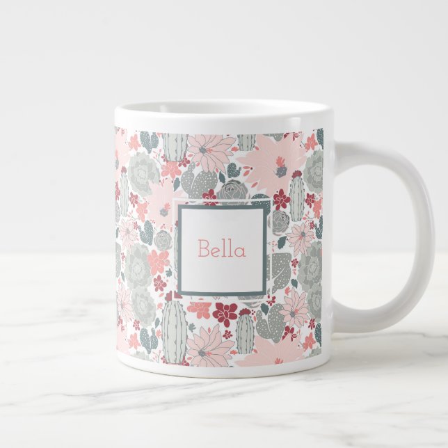 Cactus Pink Mint Succulents Pattern With Name Large Coffee Mug (Right)
