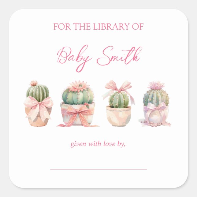 Cactus Pink Ribbon Baby Girl Shower Book Plate Square Sticker (Front)