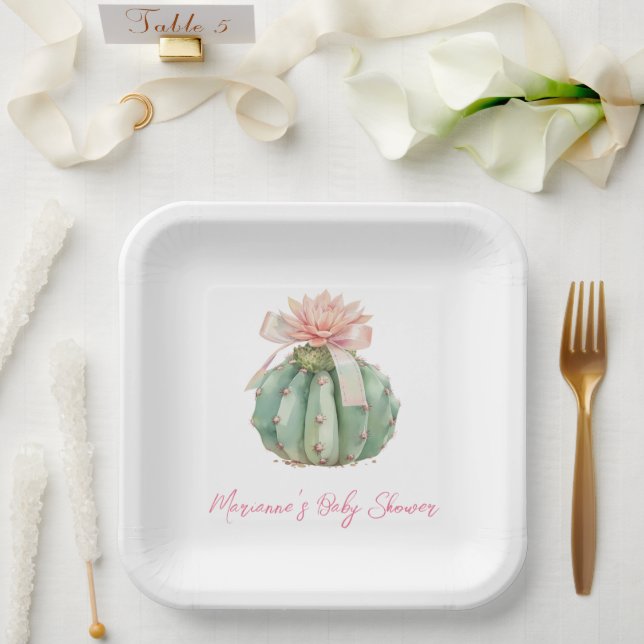 Cactus Pink Ribbon Baby Girl Shower Paper Plate (Wedding)