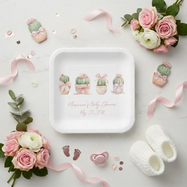 Cactus Pink Ribbon Baby Girl Shower Paper Plate (Creator Uploaded)