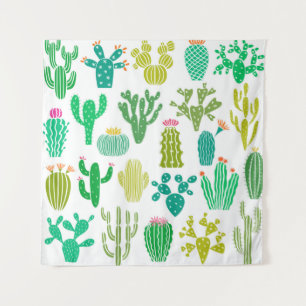 Cactus plant and flower vintage set isolated on wh tapestry