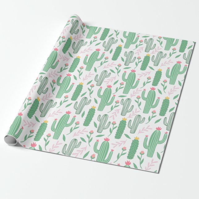 Cactus Plant Green Purple Pattern Wrapping Paper (Unrolled)